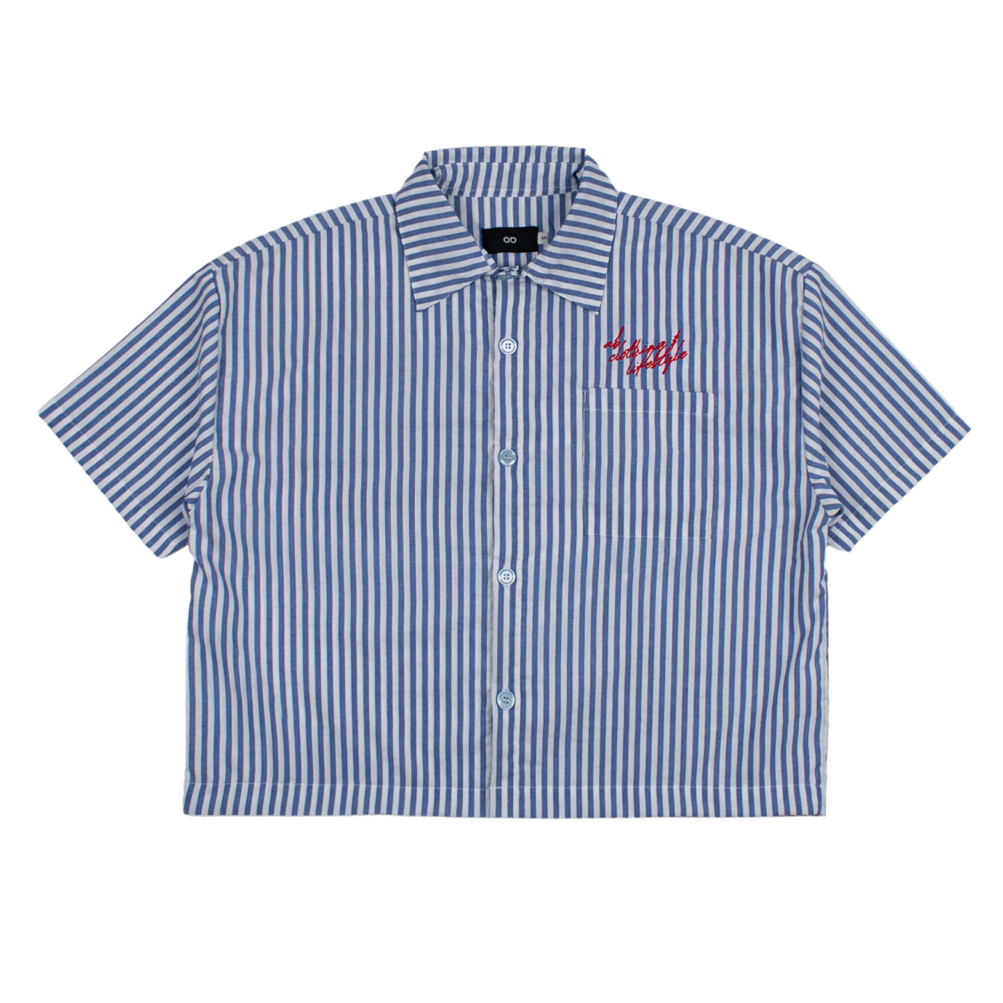cropped polo shirt | button-down | drop shoulder | box fit | retro striped | french linen | vintage blue 2