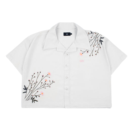 italian linen boxy cropped polo shirt | flora in vintage white