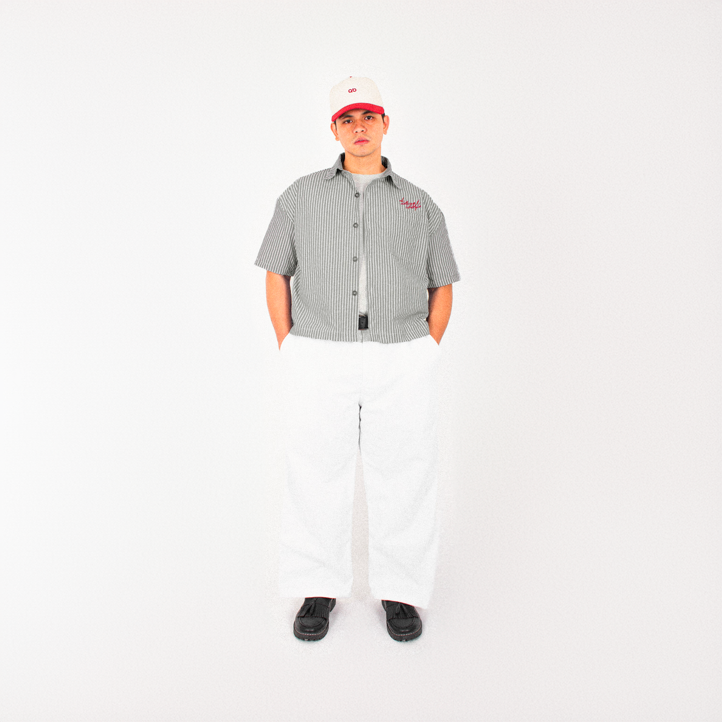 cropped polo shirt | button-down | drop shoulder | box fit | retro striped | vintage cambric | olive