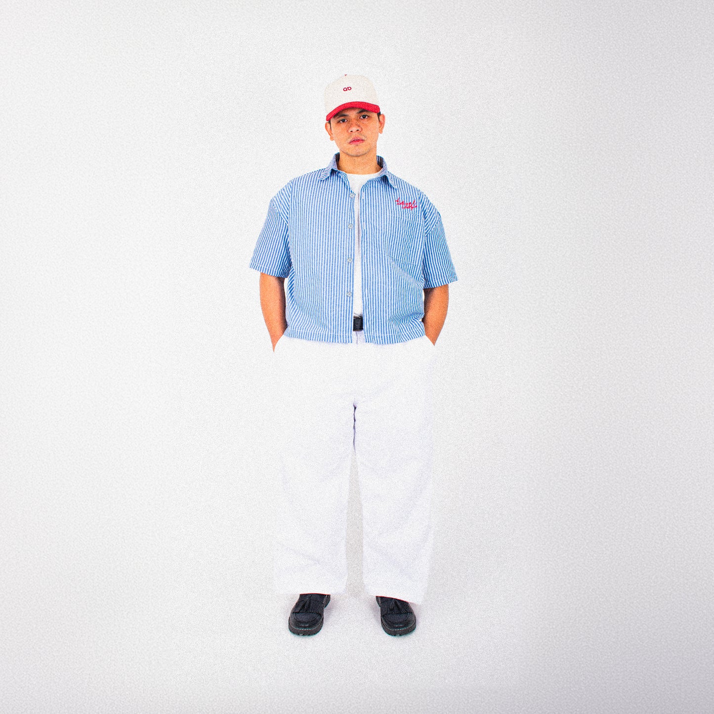 cropped polo shirt | button-down | drop shoulder | box fit | retro striped | vintage cambric | vintage blue