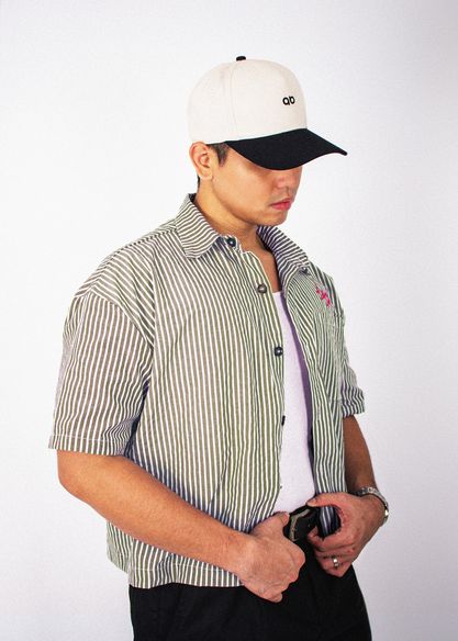 cropped polo shirt | button-down | drop shoulder | box fit | retro striped | vintage cambric | olive