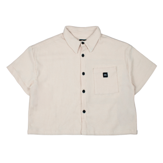 cropped polo shirt | button-down | drop shoulder | box fit | heavy knitted cotton | crème
