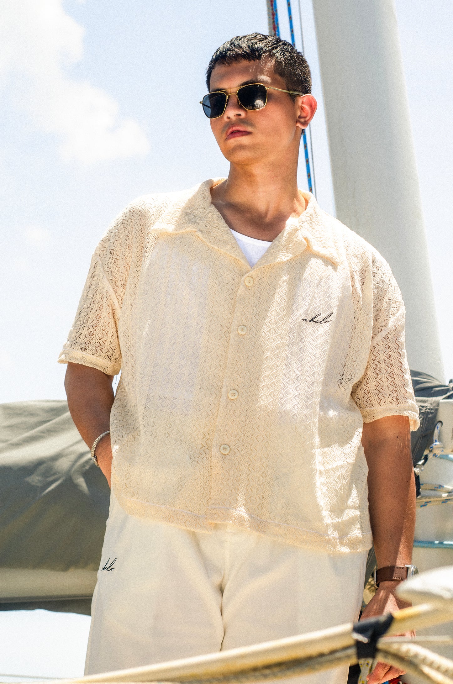 lace polo shirt | button-down | italian box fit | lace | endless summer | sand