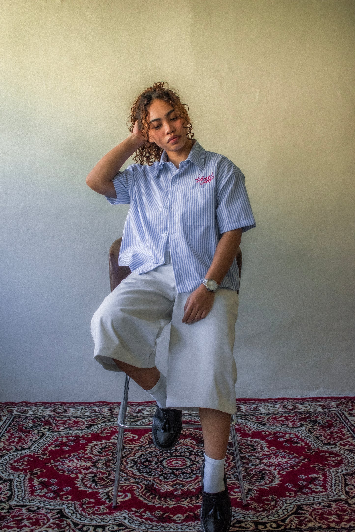 cropped polo shirt | button-down | drop shoulder | box fit | retro striped | french linen | vintage blue 3