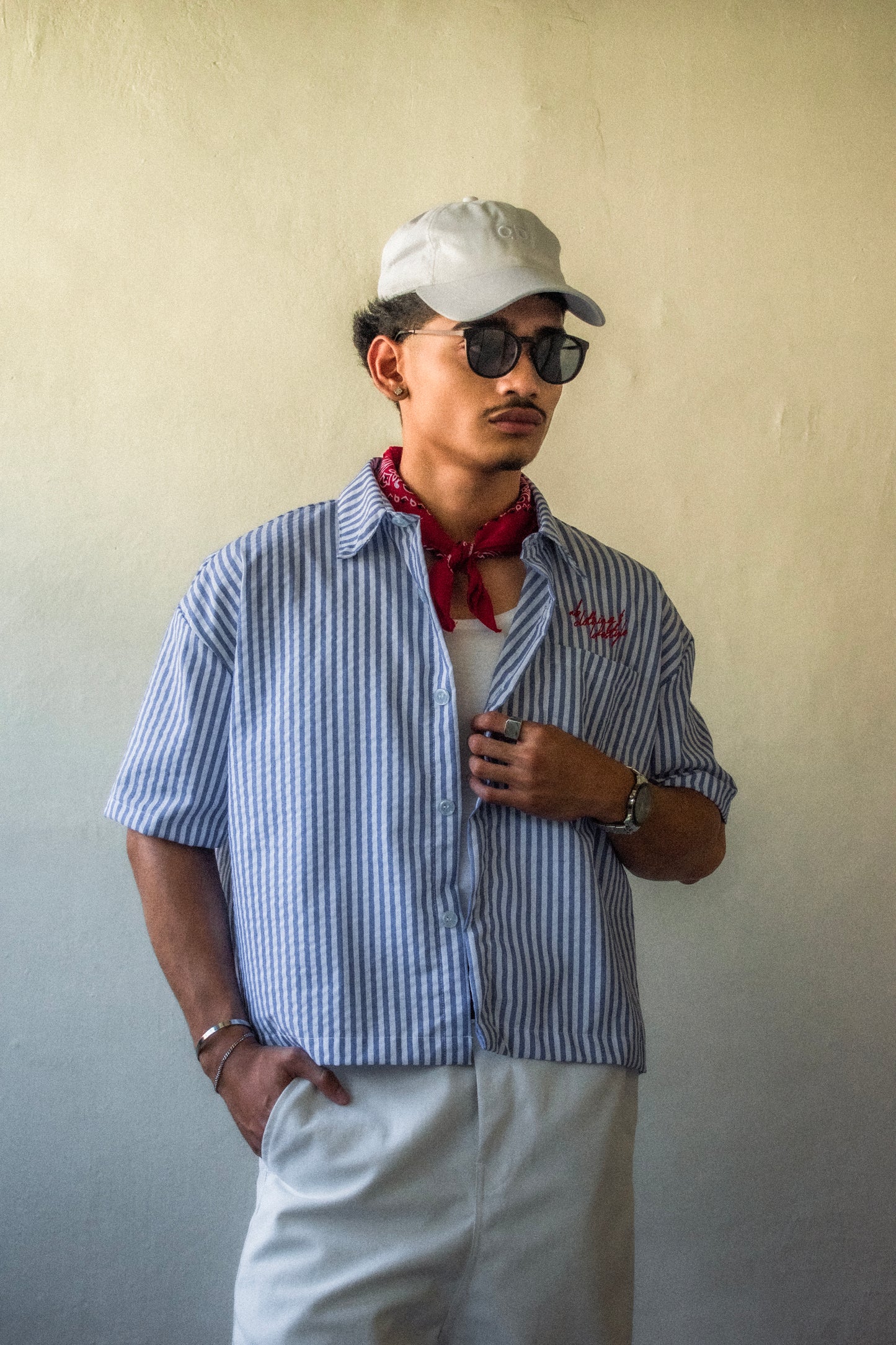 cropped polo shirt | button-down | drop shoulder | box fit | retro striped | french linen | vintage blue 2