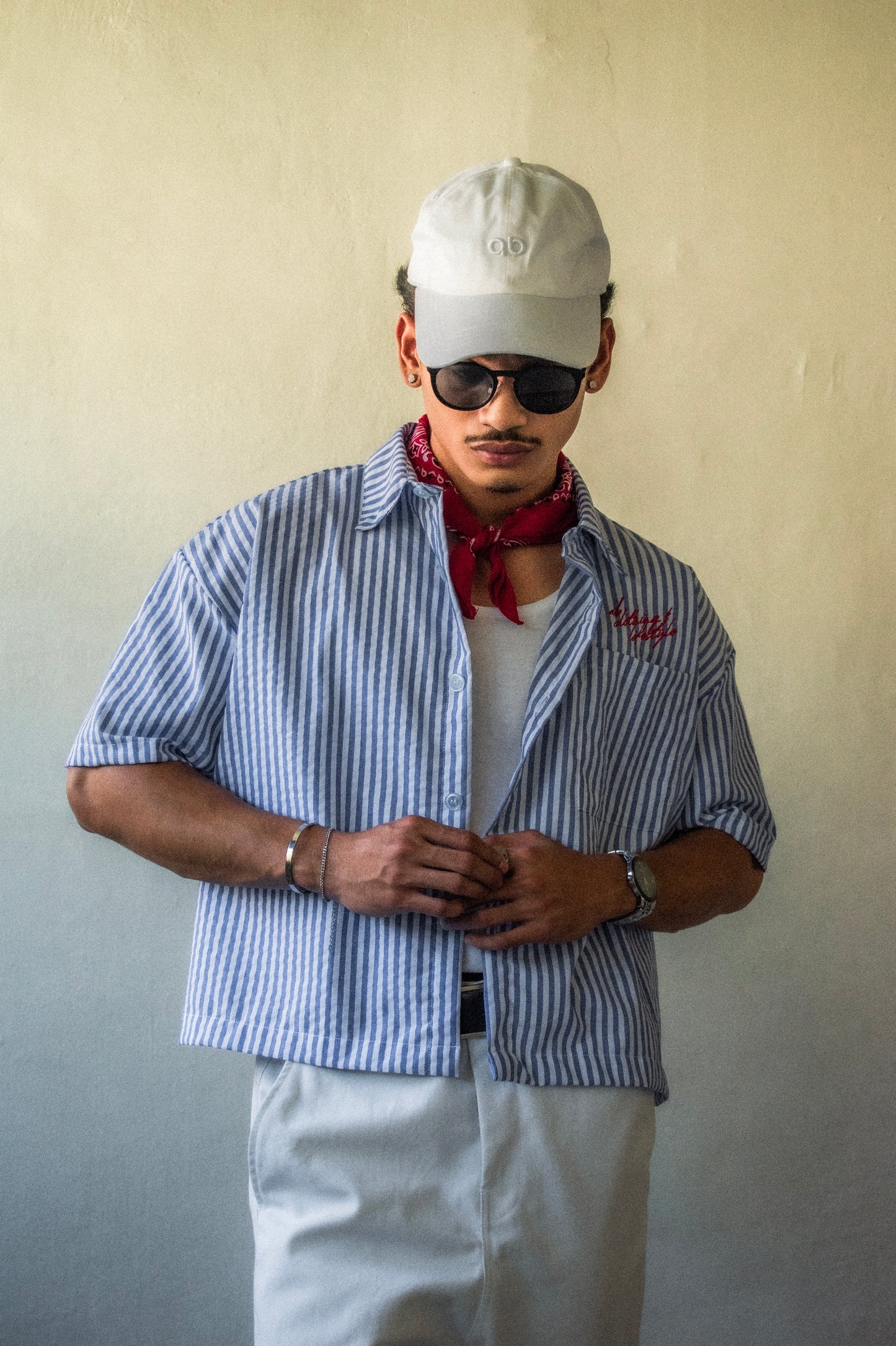 cropped polo shirt | button-down | drop shoulder | box fit | retro striped | french linen | vintage blue 2