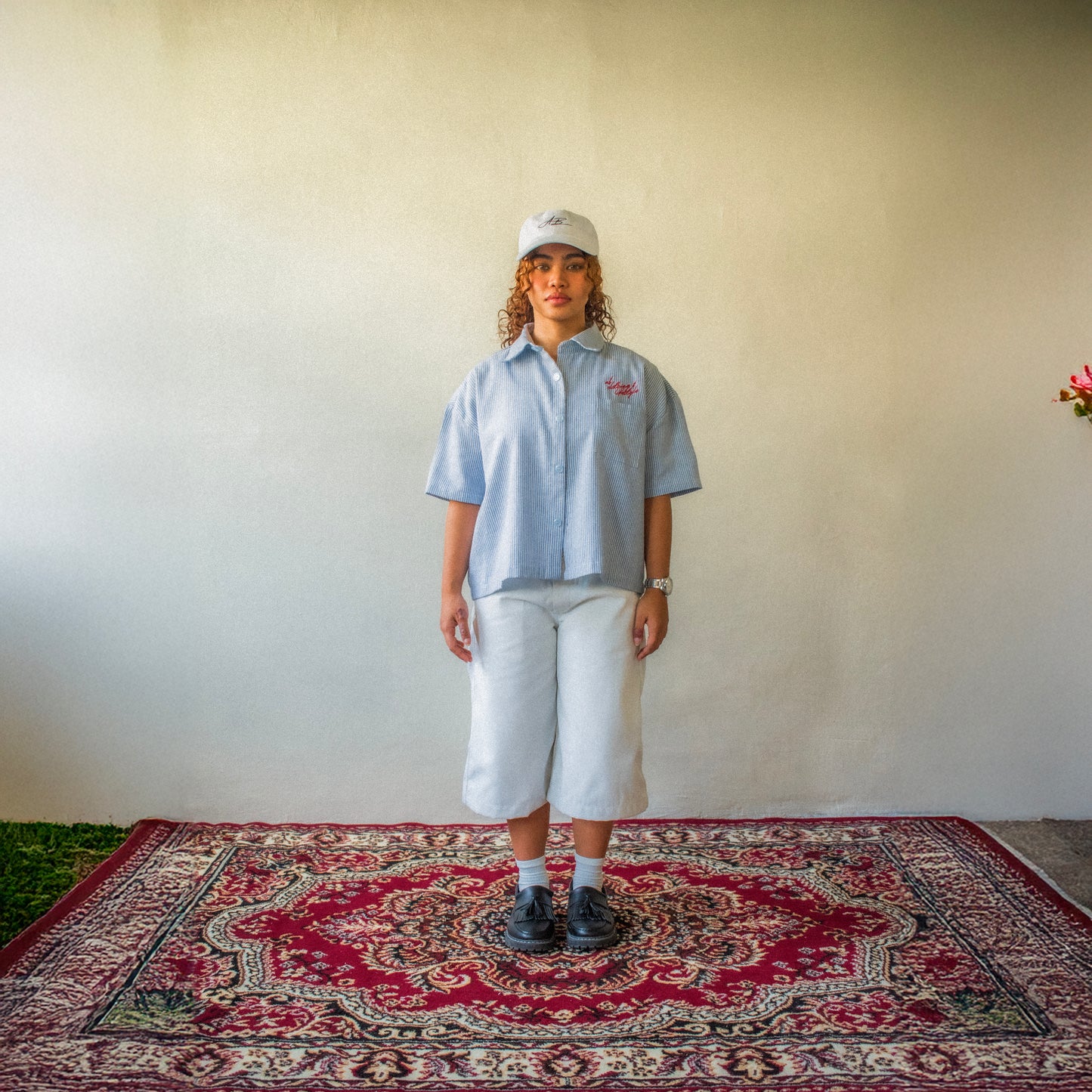 cropped polo shirt | button-down | drop shoulder | box fit | retro striped | cold blue