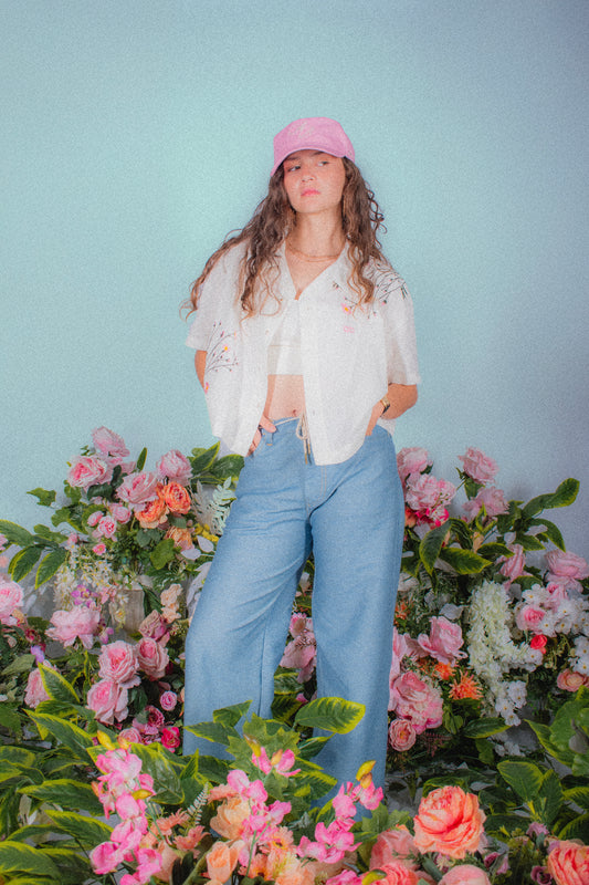 italian linen boxy cropped polo shirt | flora in vintage white
