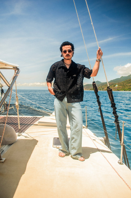 lace italian box polo shirt | midnight flora