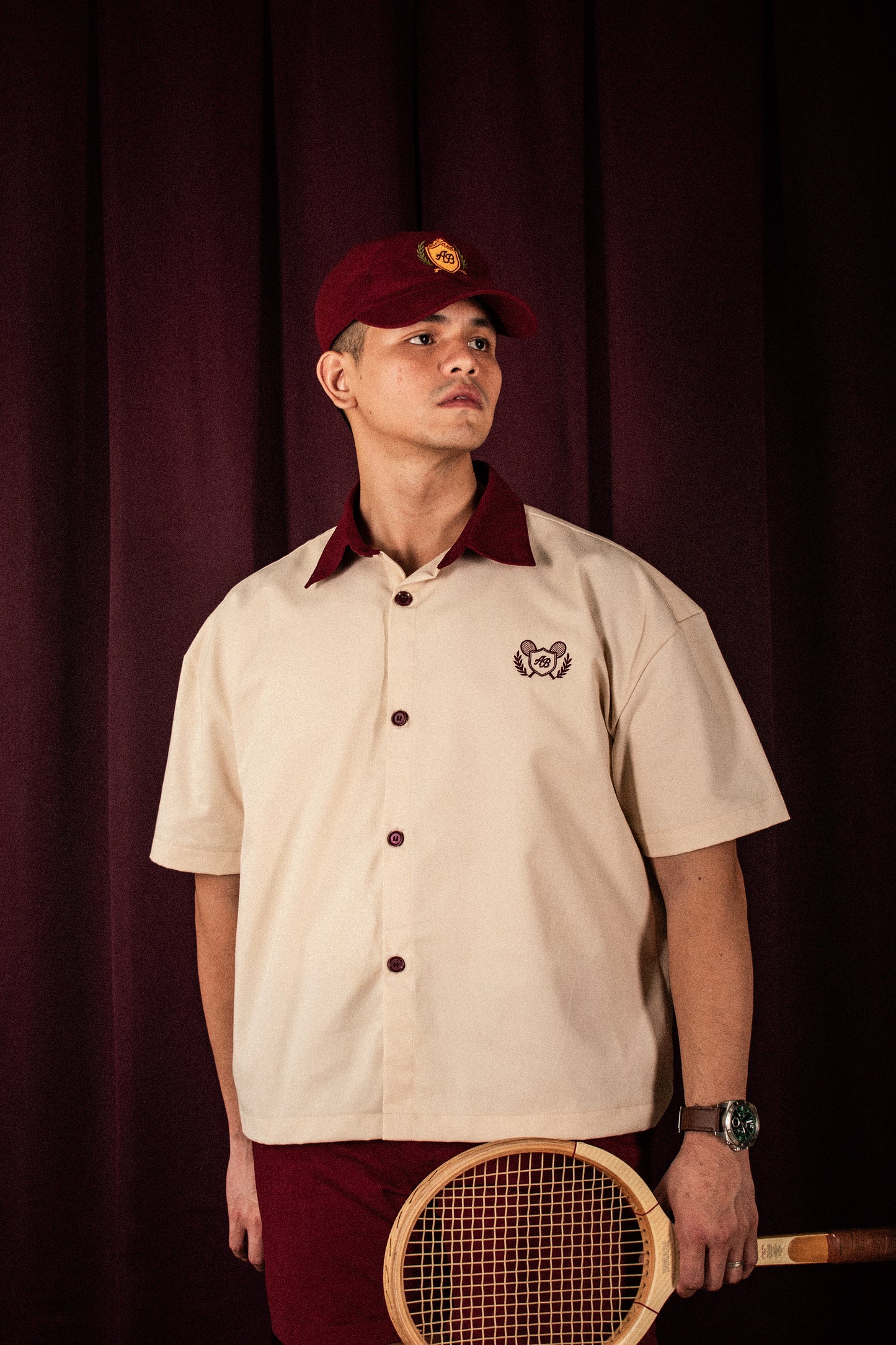 boxy polo shirt | athletics club in crème & rosewood