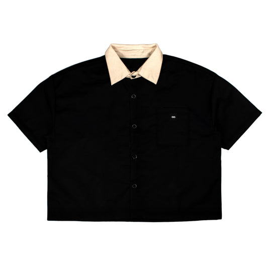 cropped polo shirt | button-down | drop shoulder | dual-tone and box fit | classic twill | revision | black