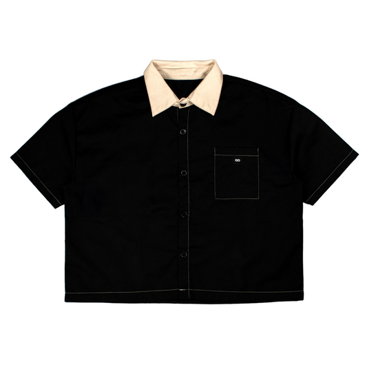 cropped polo shirt | button-down | drop shoulder | dual-tone and box fit | classic twill | black