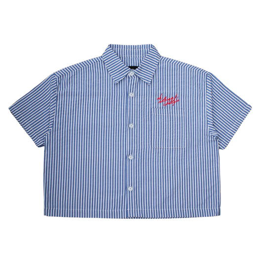 cropped polo shirt | button-down | drop shoulder | box fit | retro striped | vintage cambric | vintage blue