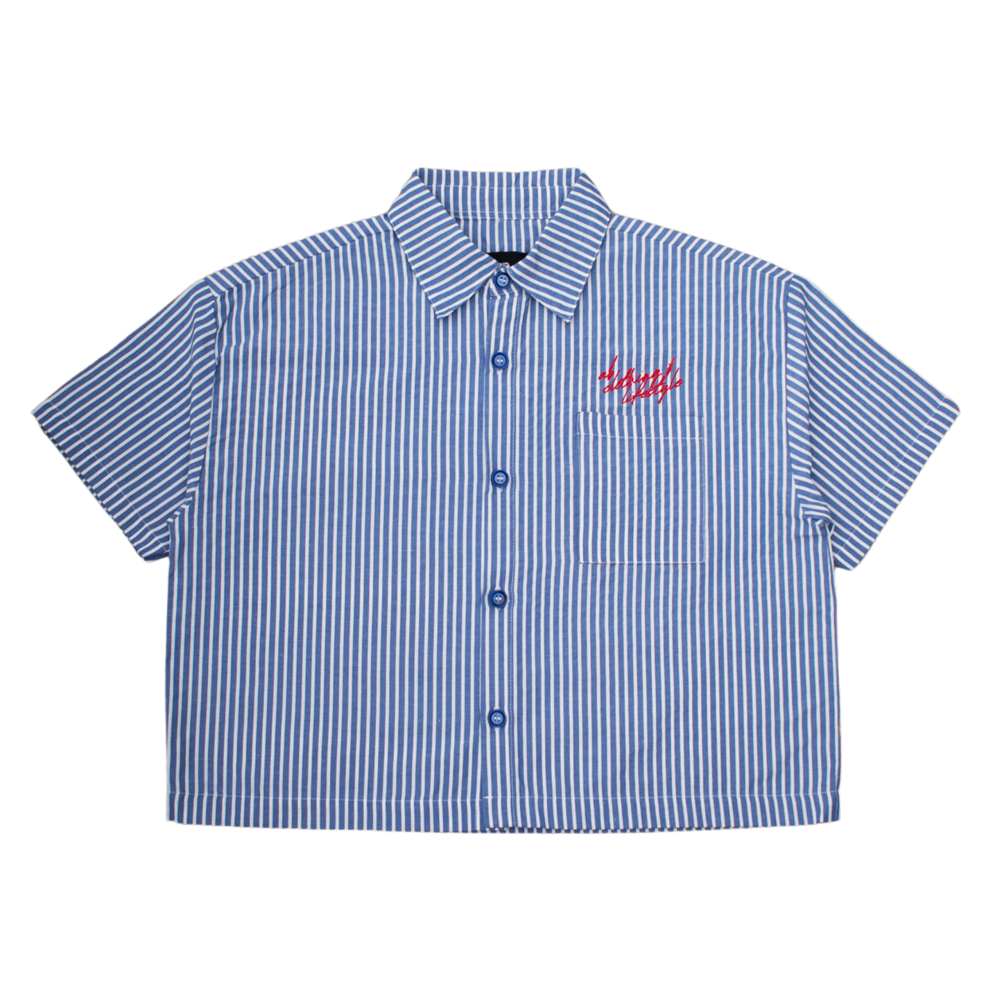 cropped polo shirt | button-down | drop shoulder | box fit | retro striped | vintage cambric | first drop | vintage blue