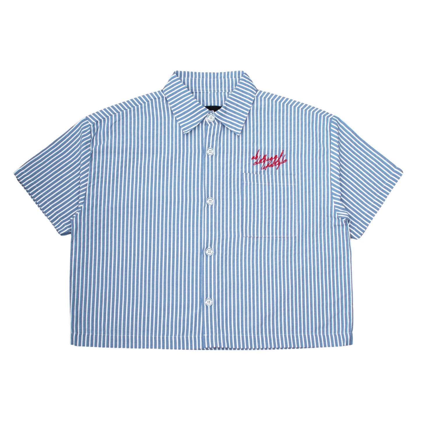 cropped polo shirt | button-down | drop shoulder | box fit | retro striped | vintage cambric | sky