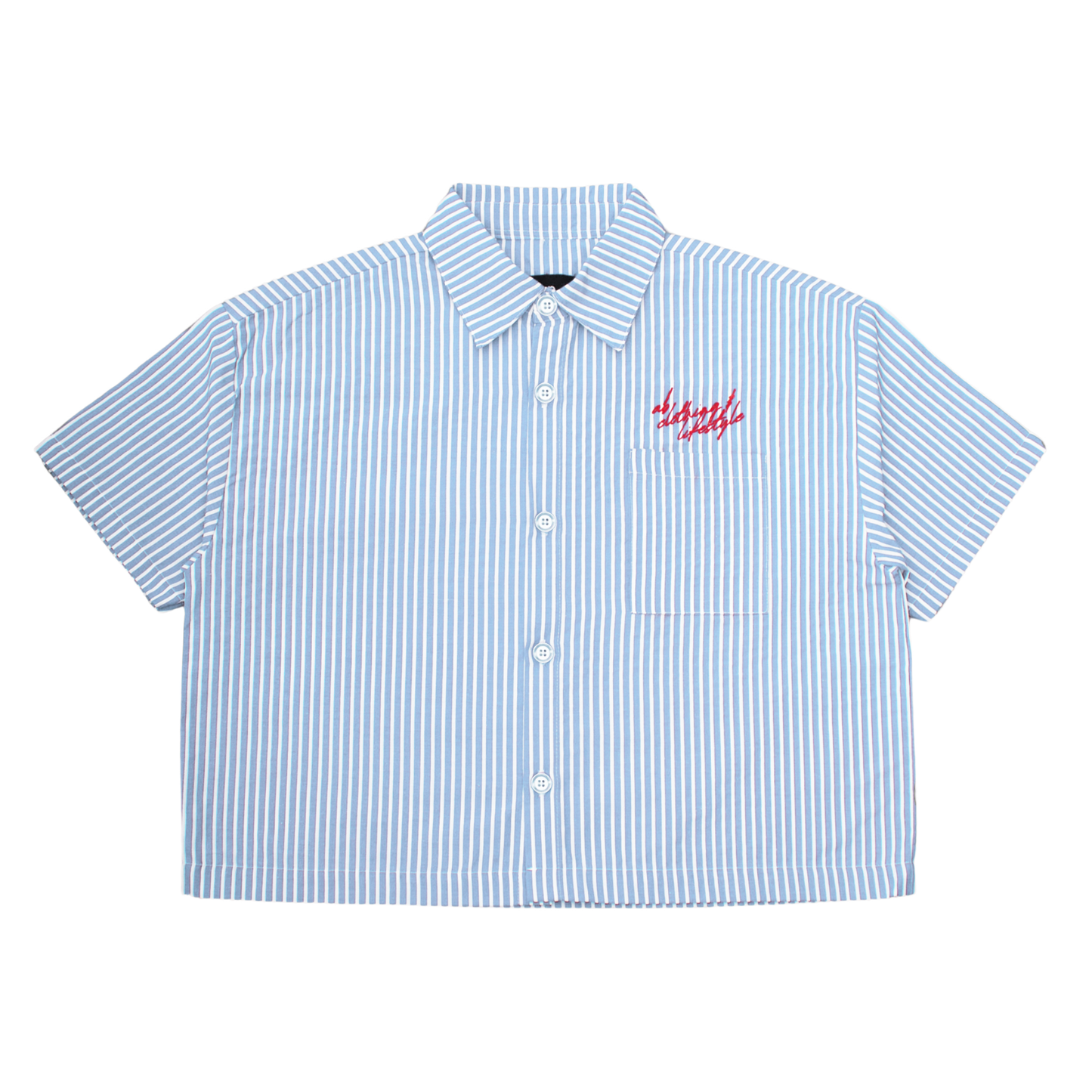 cropped polo shirt | button-down | drop shoulder | box fit | retro striped | vintage cambric | sky