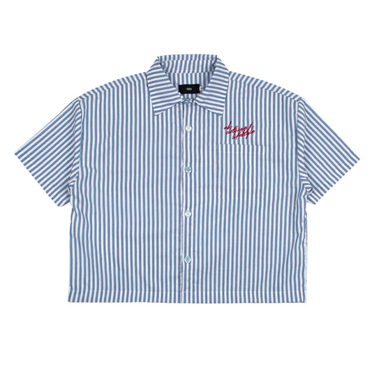 PRE-ORDER | cropped polo shirt | button-down | drop shoulder | box fit | retro striped | textured sky