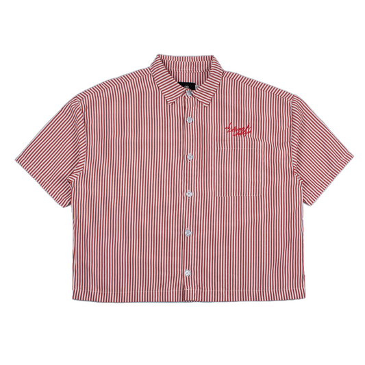 cropped polo shirt | button-down | drop shoulder | box fit | retro striped | vintage red