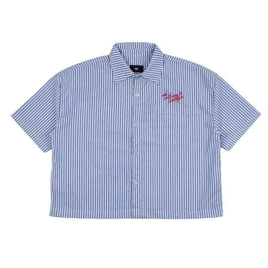 cropped polo shirt | button-down | drop shoulder | box fit | retro striped | french linen |  vintage blue 3