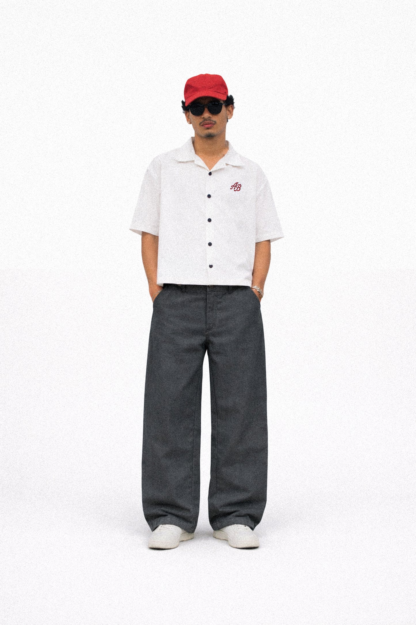 wide-leg trousers | soft gray
