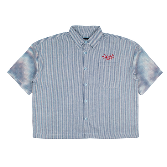 cropped polo shirt | button-down | drop shoulder | box fit | retro striped | cold blue