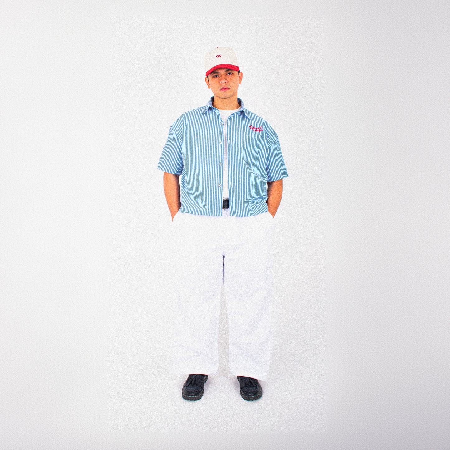 cropped polo shirt | button-down | drop shoulder | box fit | retro striped | vintage cambric | sky