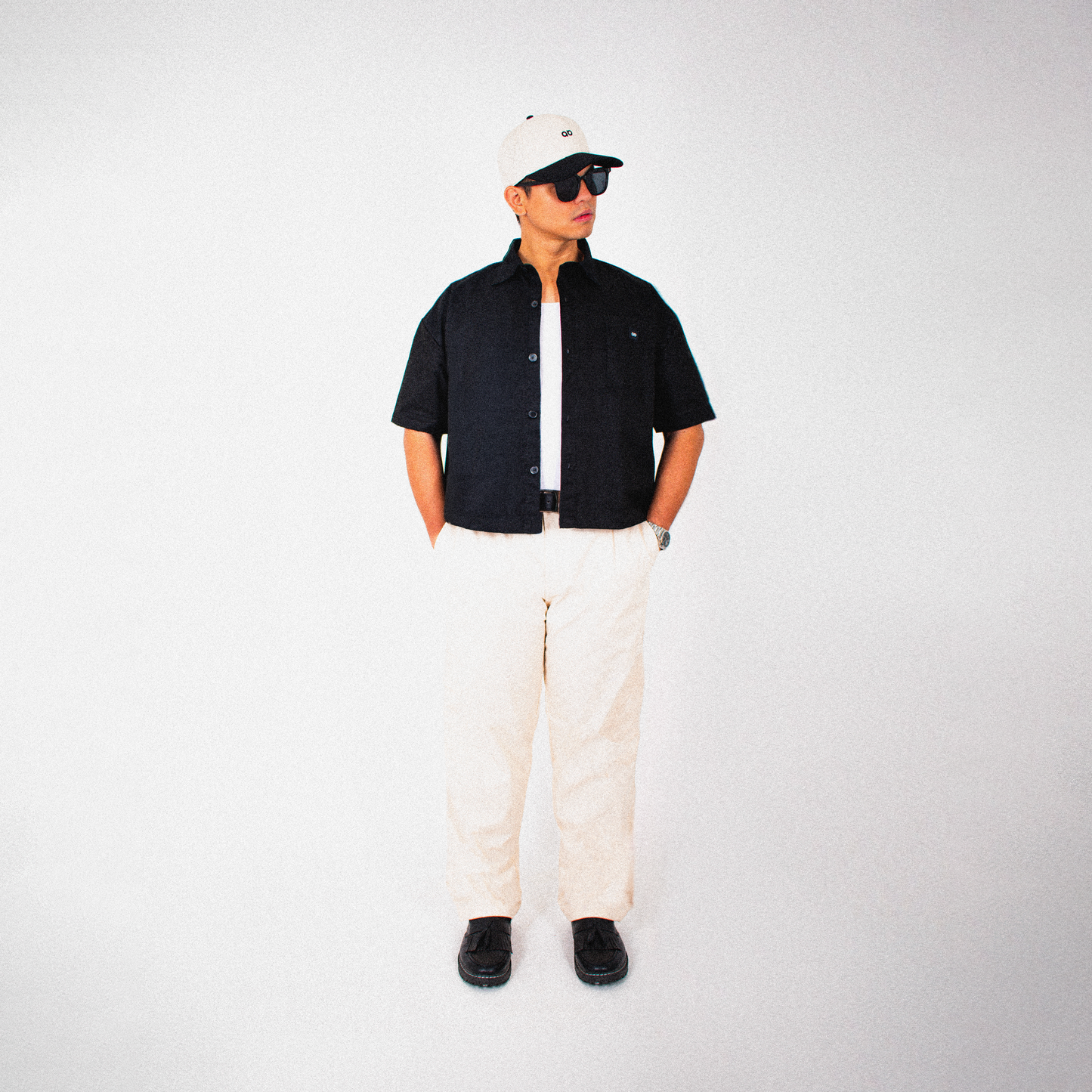 cropped polo shirt | button-down | drop shoulder | box fit | american soft twill | black