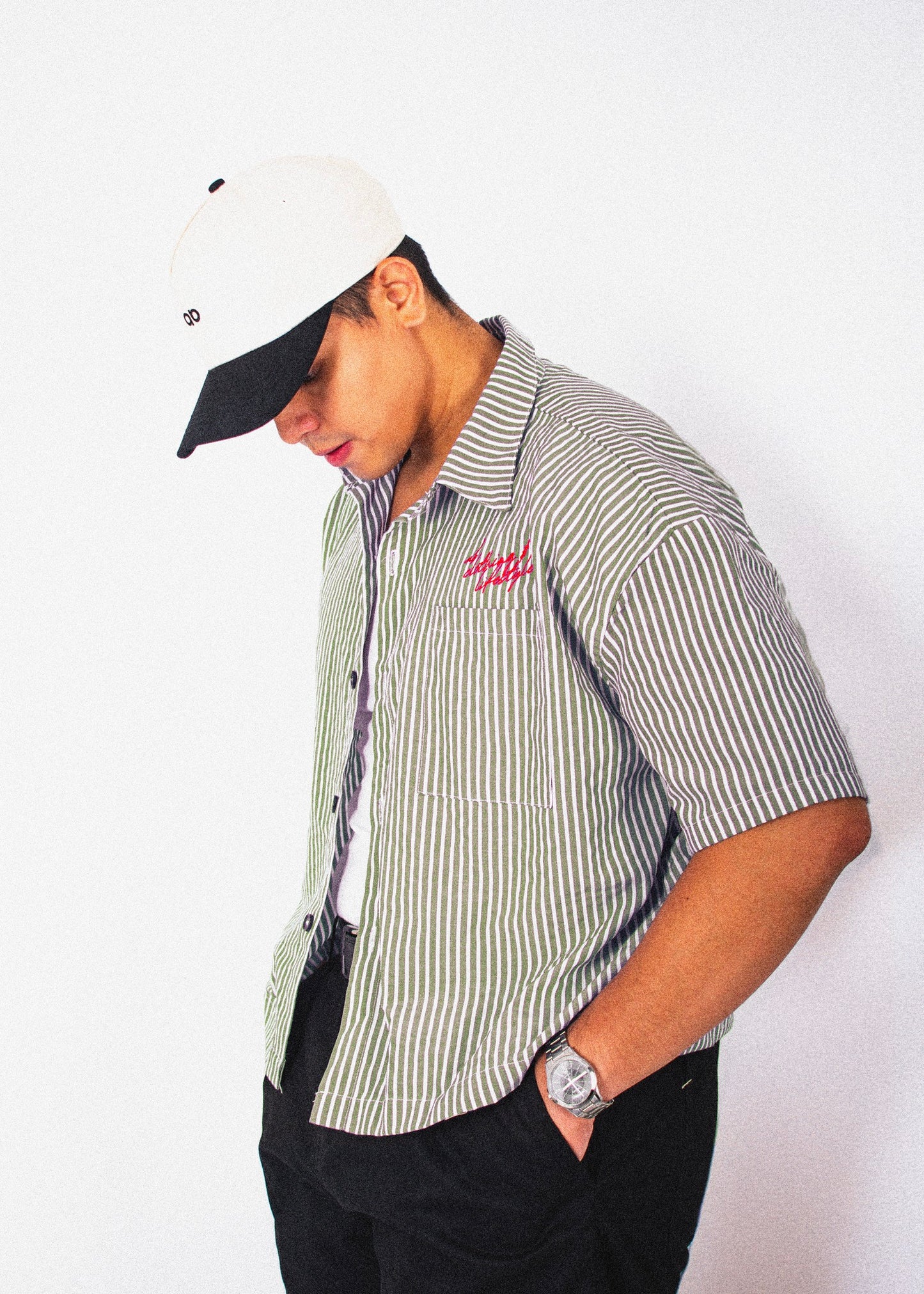 cropped polo shirt | button-down | drop shoulder | box fit | retro striped | olive