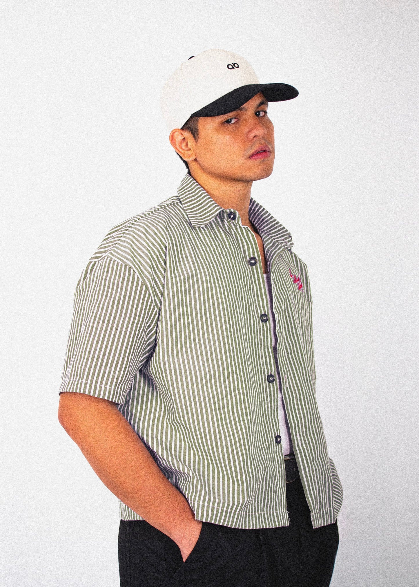 cropped polo shirt | button-down | drop shoulder | box fit | retro striped | olive