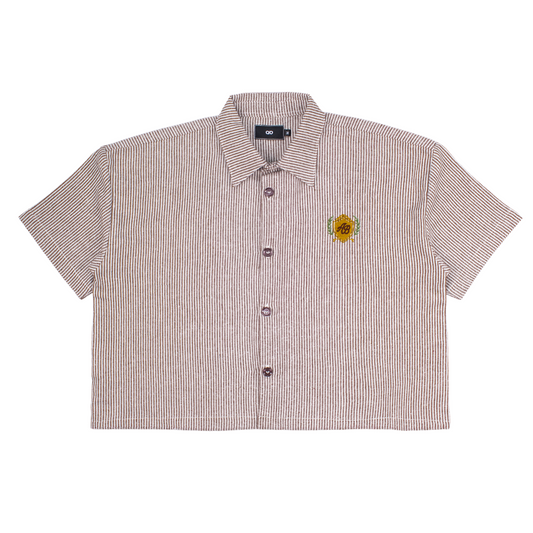 boxy cropped polo shirt | athletics club in umber stripes