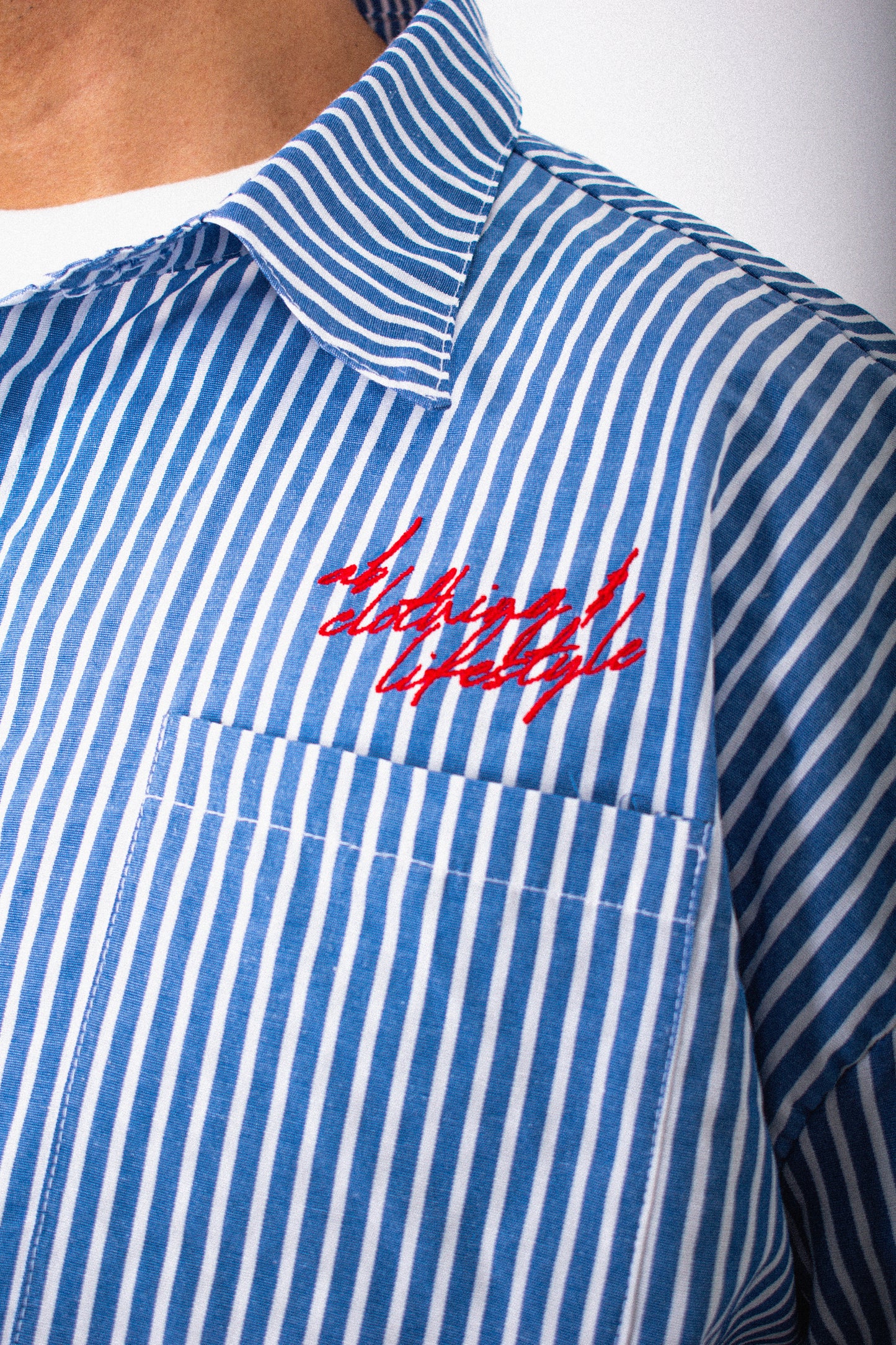 cropped polo shirt | button-down | drop shoulder | box fit | retro striped | vintage cambric | first drop | vintage blue