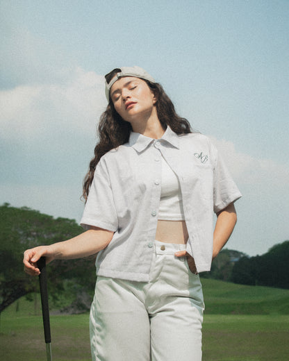 cropped polo shirt | button-down | drop shoulder | box fit | vintage striped | french linen | snow