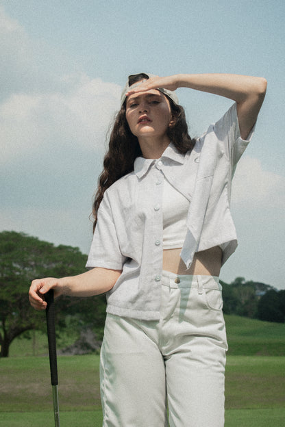 cropped polo shirt | button-down | drop shoulder | box fit | vintage striped | french linen | snow