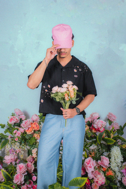 cropped polo shirt | button-down | italian box fit | linen | flora | black