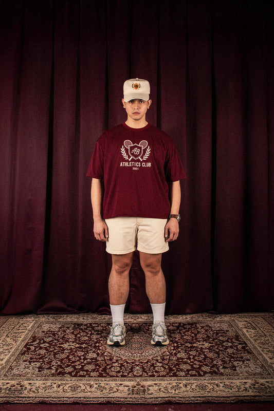 oversized box tee | athletics club in maroon