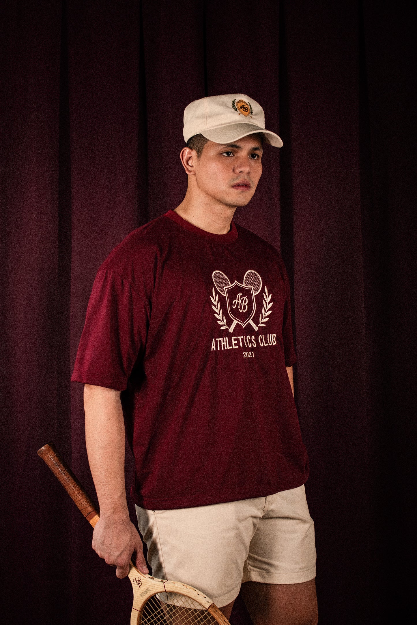 oversized box tee | athletics club in maroon