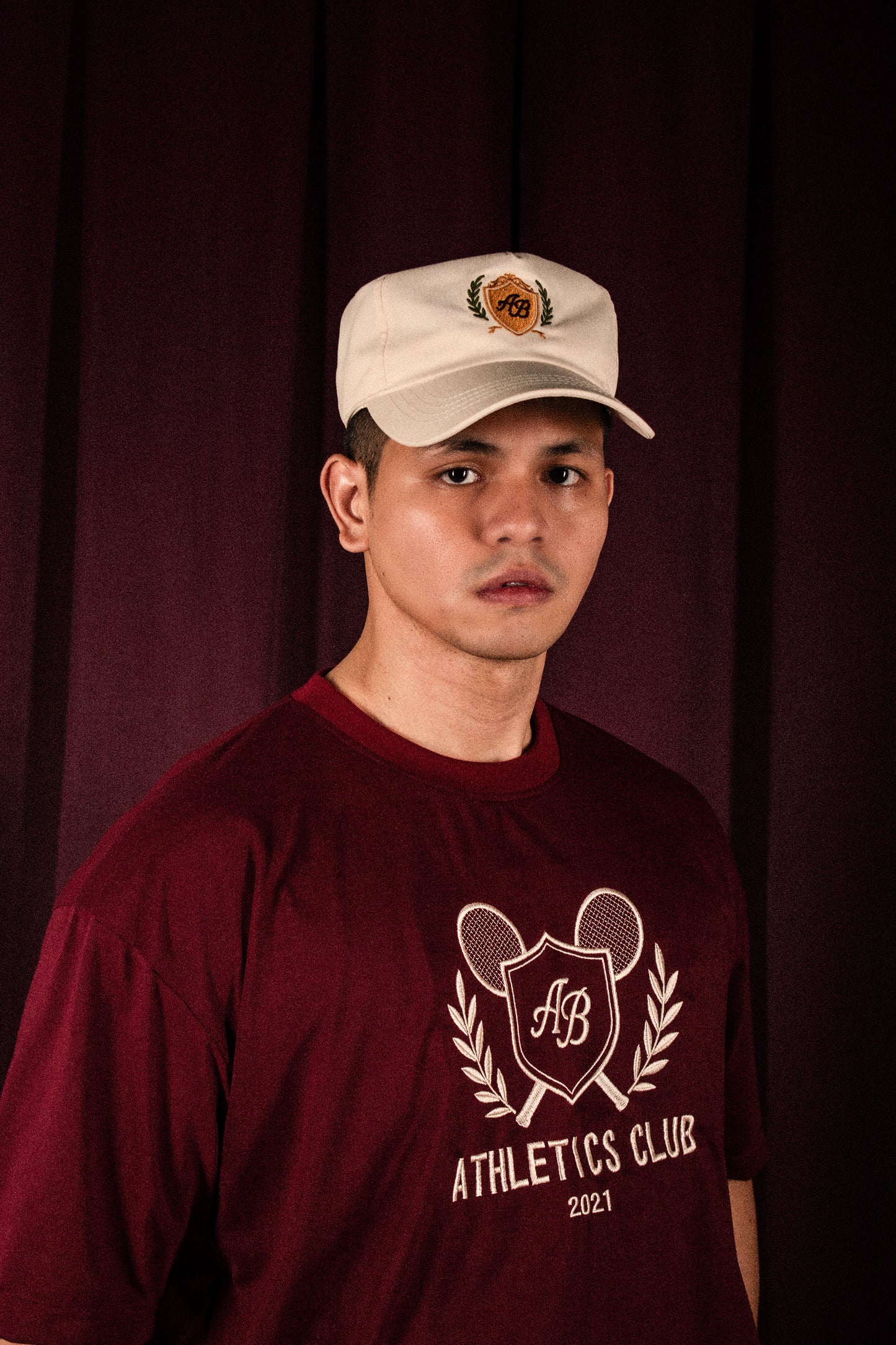 oversized box tee | athletics club in maroon