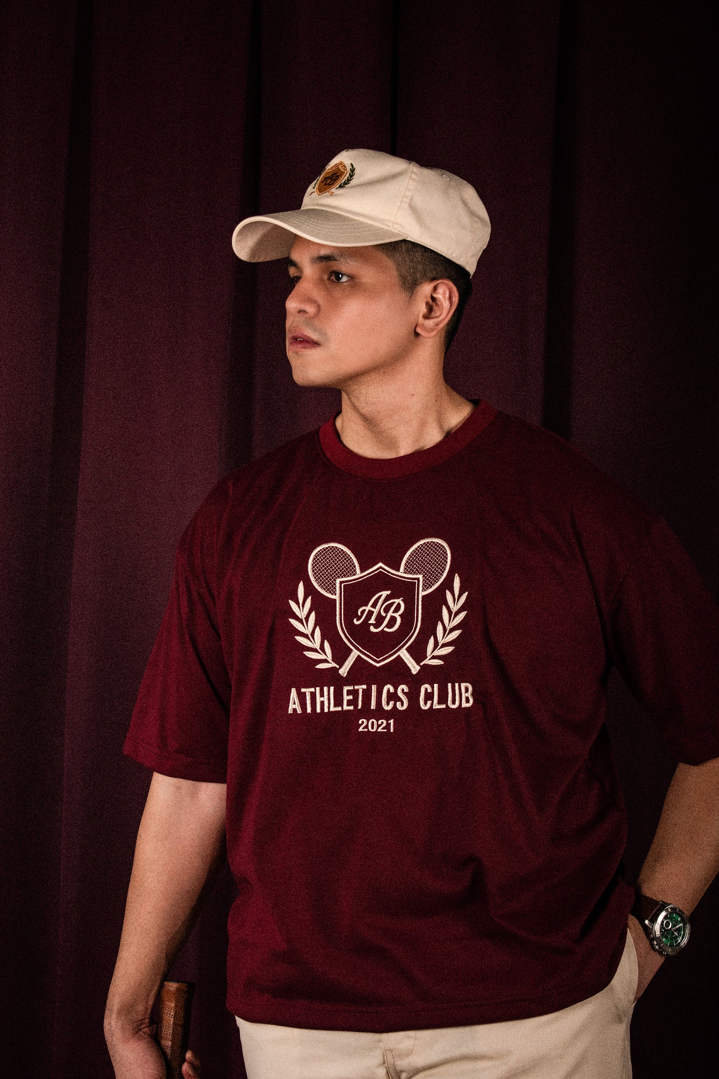 oversized box tee | athletics club in maroon