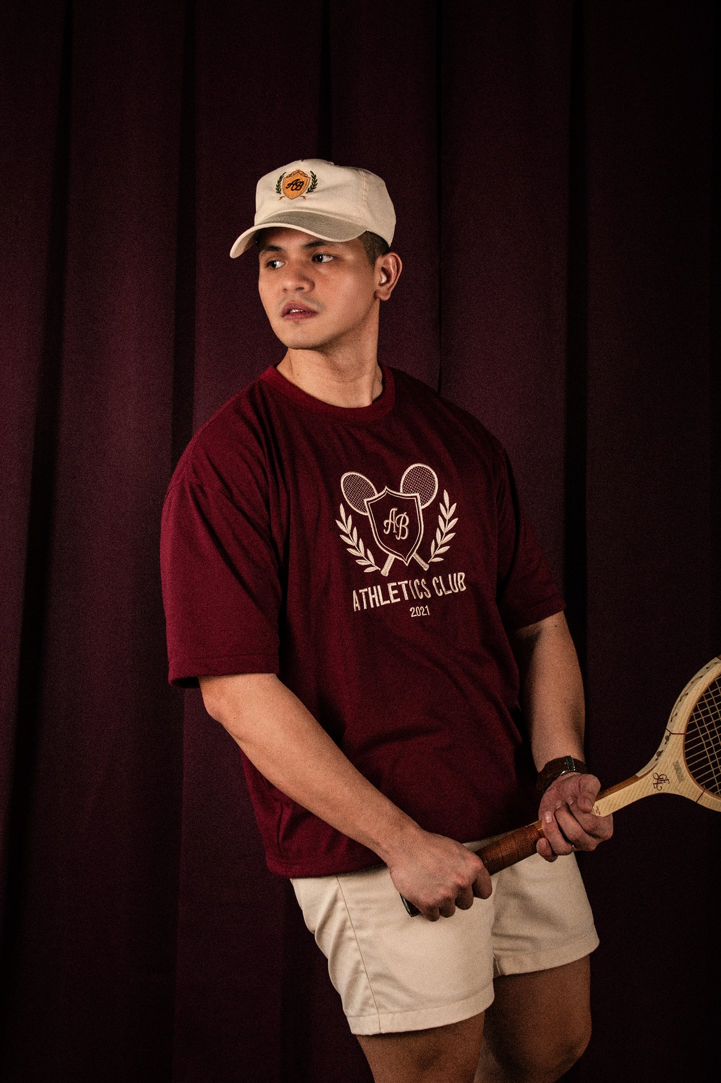 oversized box tee | athletics club in maroon