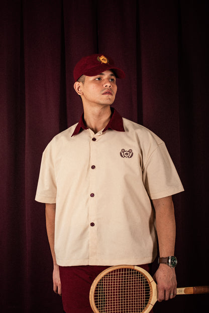boxy polo shirt | athletics club in crème & rosewood