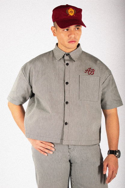 boxy cropped athlete's polo shirt | ash stripes