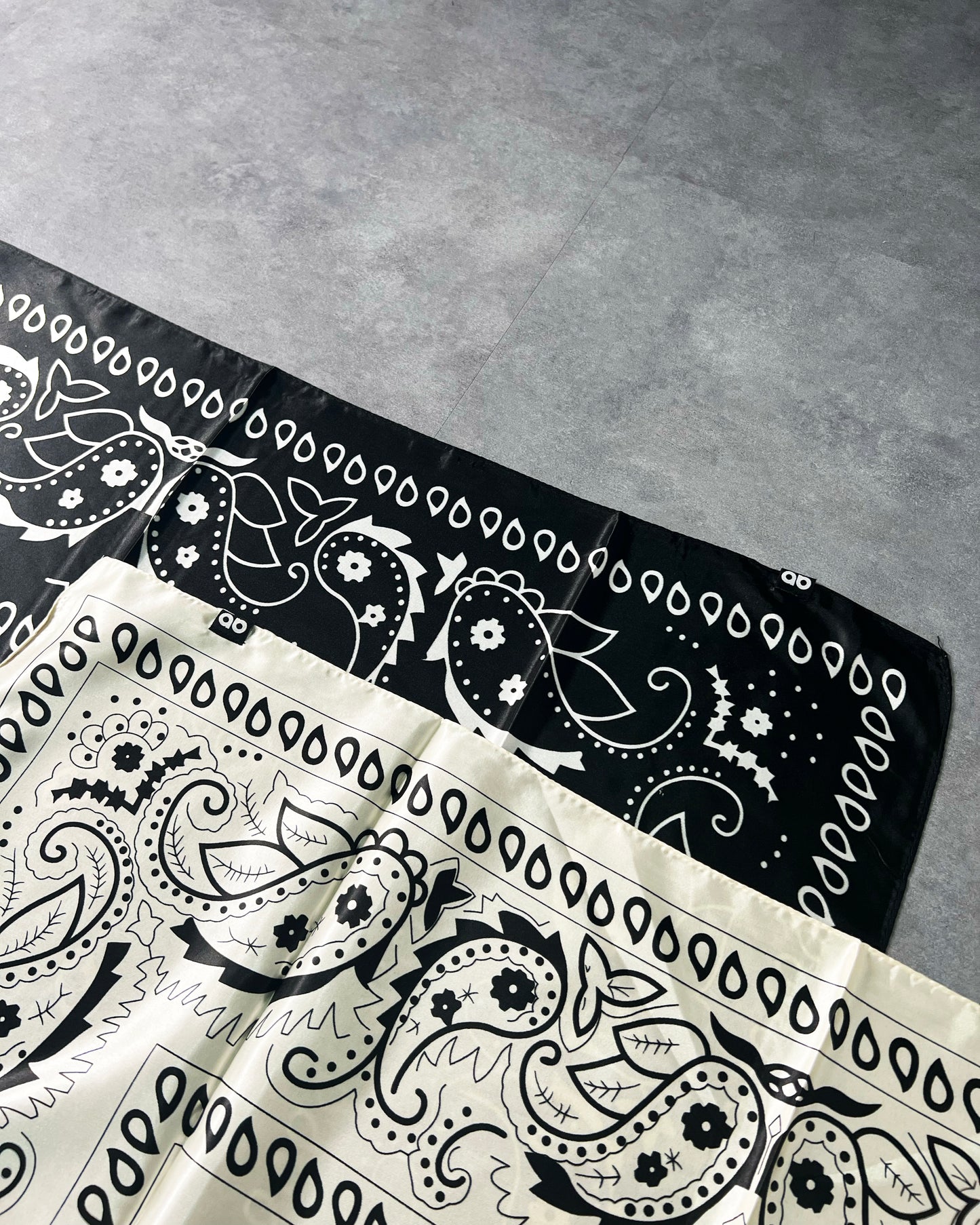 paisley scarf | glossy silk | by 2s | black and vintage white